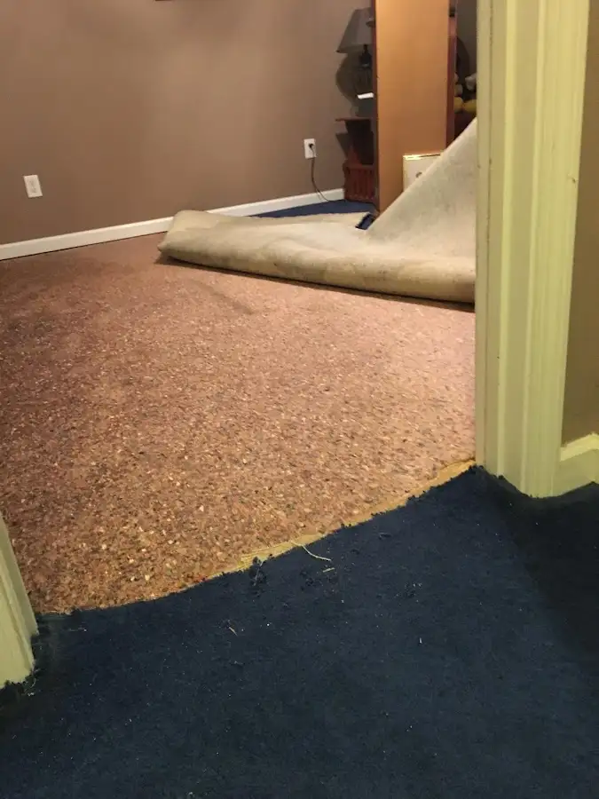 Carpet pad removal revealing water damage during Water Mitigation Services in Huntingburg